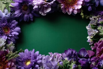 Vibrant purple floral frame surrounding a bright green background set for creative projects or announcements in a lively spring decor style