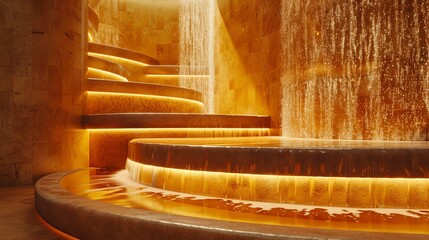 Luxurious Warm Amber Water Fountain with Cascading Water and Illuminated Steps in Spa Setting