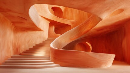 Abstract Orange Curved Architecture Interior with Spiral Staircase and Fluid Design Elements