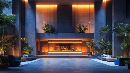 Modern Hotel Lobby Interior with Warm Lighting and Green Plants