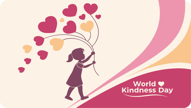 World kindness day greeting card with a girl holding heart shaped balloons isolated on white background