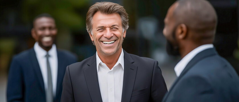 Business Harmony: A successful businessman radiates confidence while engaging in an animated discussion with his two partners, creating a harmonious office setting.