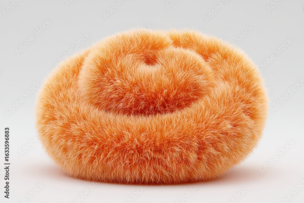 Poster soft spiral shape made of fluffy orange fur displayed on a neutral background, emphasizing texture a