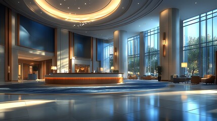 Modern Hotel Lobby Spacious Elegant Bright with Large Windows and Stylish Decor