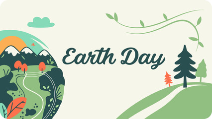 Celebrate earth day with a beautiful landscape featuring mountains, trees, and greenery isolated on white background