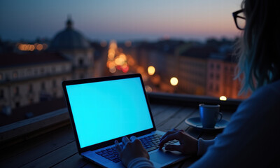 Person working on laptop at dusk overlooking city lights