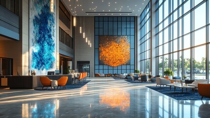 Modern Hotel Lobby Spacious Bright Large Windows Colorful Artwork Contemporary Interior Design