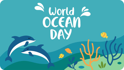 Celebrate world ocean day with playful dolphins, colorful fish, and vibrant coral reefs in a beautiful underwater scene illustration