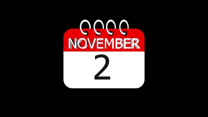 day date 2 November concept template calendar page animation concept. Calendar with the date November 2 on a black background. November 2 - Daily Calendar Icon in flat design style.