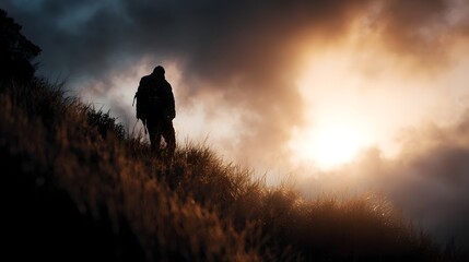Silhouetted traveler standing on a hilltop under a bright dramatic sky
