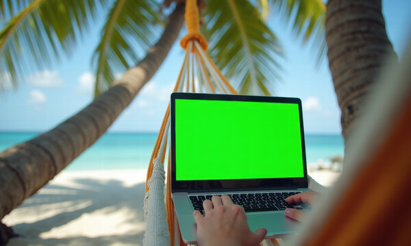 Person working on laptop in hammock on tropical beach with ocean view