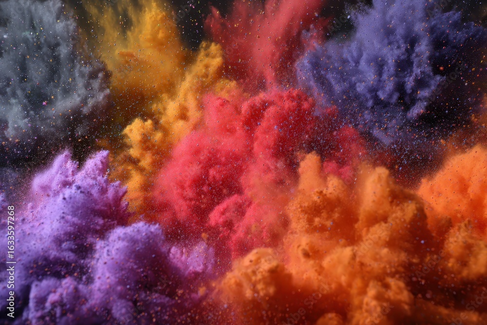 Poster explosive burst of vibrant powders creating a colorful cloud during slow motion capture