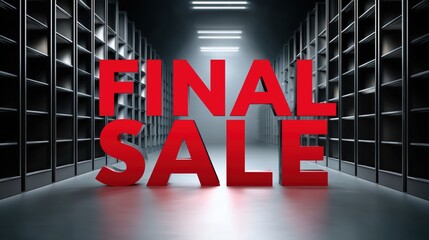 Final sale announcement in a spacious retail store aisle with empty shelves reflecting bright lights