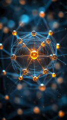 Abstract Digital Network Representation with Glowing Nodes and Connecting Lines in Blue Orange Colors