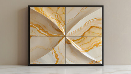 Framed 3D Carved Marble Panel - Golden Radiating Abstract Wall Art