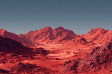 Naklejka premium Exploring the arid, rocky landscape of the red planet with striking hills and valleys under a clear blue sky