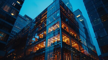 Modern Glass Office Building at Night Illuminated Urban Skyscraper