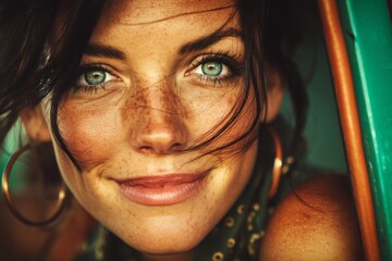 Portrait of smiling young female brunette model with vibrant blue eyes. Joy and happiness. Fashion, cosmetic, make-up style. 