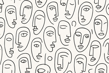 Abstract continuous line drawing of many faces in a repeating pattern