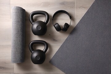 Elevate your workout routine with kettlebells, yoga mat, and headphones for a powerful fitness session