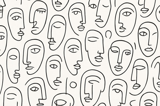Abstract continuous line drawing of many faces in a repeating pattern