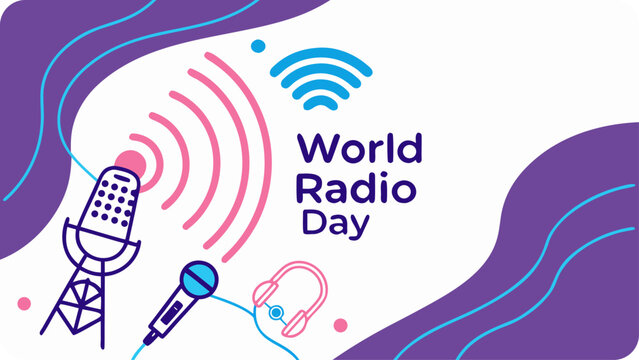 Celebrate world radio day with vintage microphone and antenna broadcasting sound waves and music
