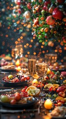 Festive Holiday Table with Sparkling Wine and Fruit Decorations in Warm Lighting