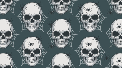 Skull and Spider Web Pattern on Dark Teal Background Halloween Themed Design for Textile