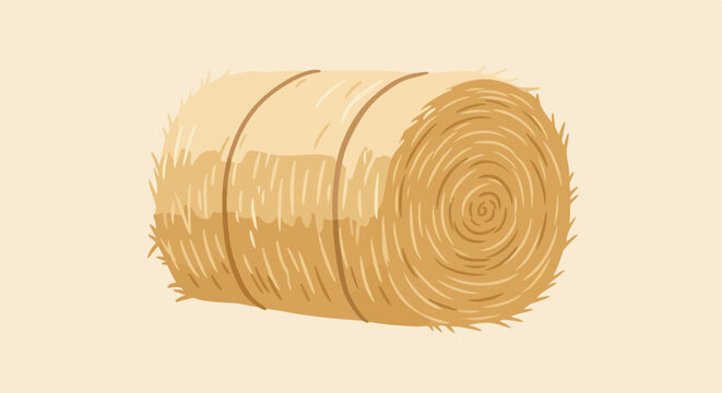 Rolled hay bale with three strings holding it together on a light background