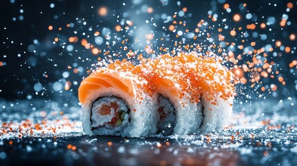 Fresh Salmon Sushi Rolls with Orange Fish Roe on Black Surface