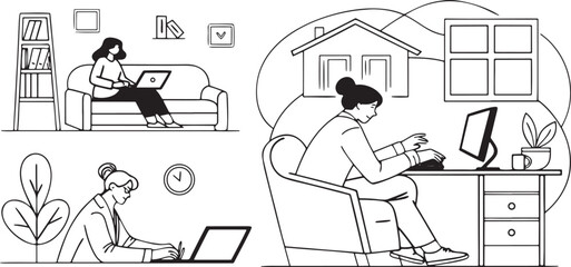 Fototapeta premium Three women working on laptops and computers in different home settings woman
