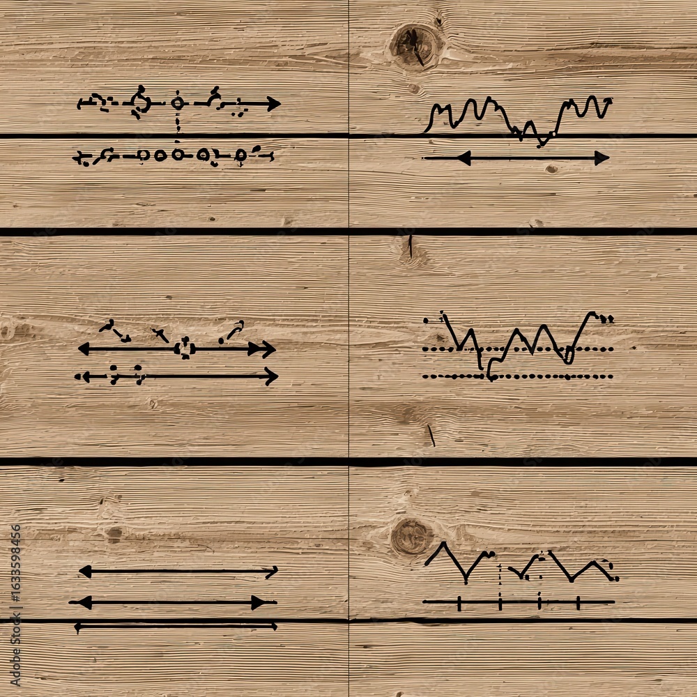 Poster graphic design with directional lines and patterned shapes on a wooden texture background.
