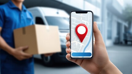 Delivery worker uses smartphone to track package location while holding a cardboard box at a shipping facility