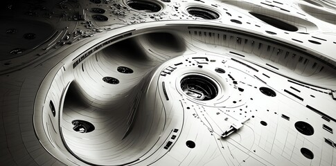 Futuristic Abstract Mechanical Structure in Black and White Visual Style