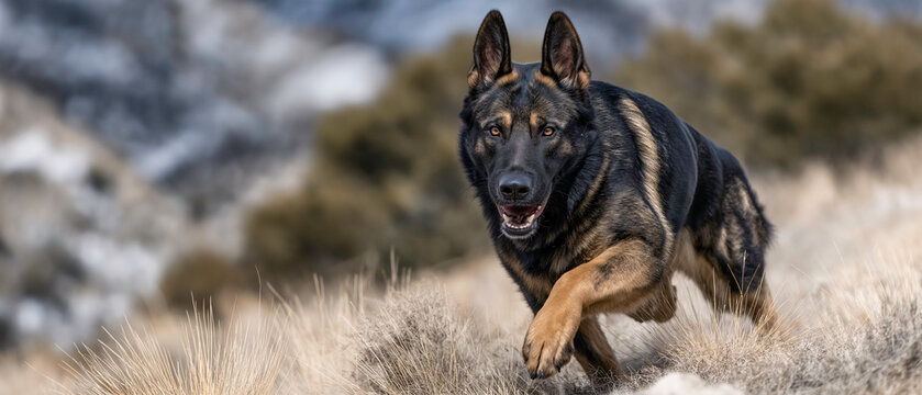 Dynamic Canine in Action: A majestic german shepherd, captured mid-stride against a backdrop of rugged terrain, embodies grace, agility, and the untamed spirit of nature.