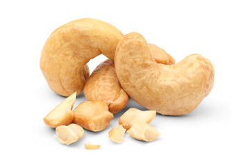 Roasted cashew nuts piled up on the floor. isolated on white background.