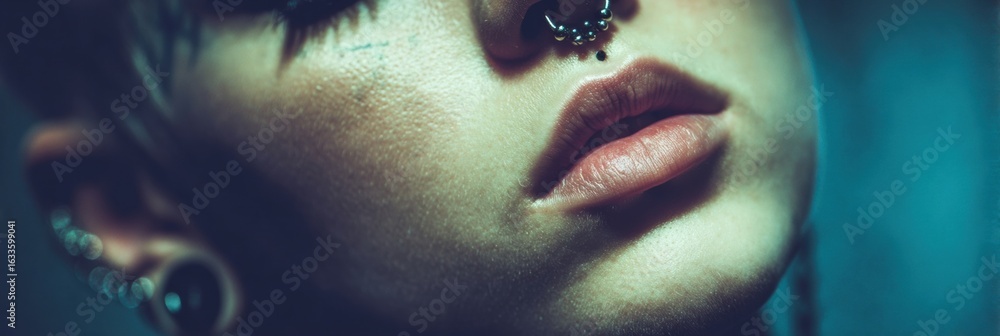 Aufkleber close-up of a person with multiple facial piercings and a subtle expression, captured in ambient lig