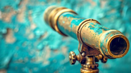 Vintage Telescope with Blue and Gold Paint Weathered by Time in Outdoor Setting