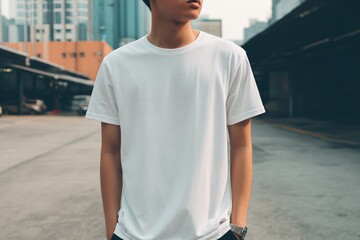 Obraz premium Young man in white t-shirt outdoors. Cityscape in background