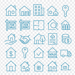 Fototapeta premium A diverse set of hand-drawn real estate icons including various house styles buildings keys and sale signs all presented isolated on a transparent background