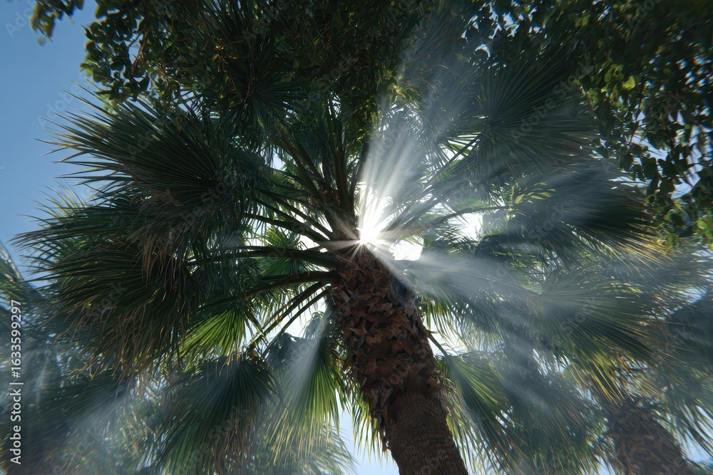 Poster sun rays filter through palm tree leaves, creating a stunning display of light and shadow in the tro