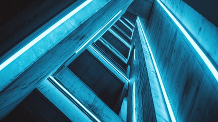 Obraz premium Abstract architectural interior, angled concrete walls, glowing blue lights