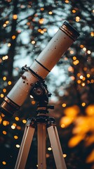 Telescope with Water Droplets on Lens Standing Outdoors During Night with Bokeh Lights