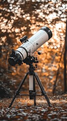 White Telescope on Tripod in Autumn Forest Scene with Warm Backlit Bokeh