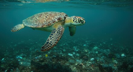 Obraz premium Green sea turtle swims in ocean with plastic waste highlighting pollution and the urgent need for ocean conservation