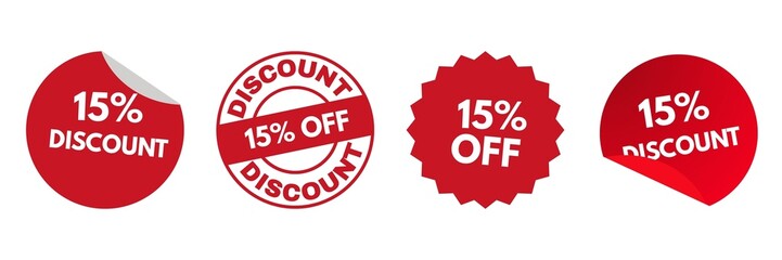 red sale labels, Set of sale tags, set of sale 15% off tags, sale icons, labels, stamps, 15% discount, sale discount, set of 15% sale discount and 15% off tags 