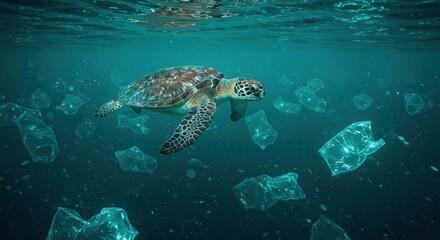 Fototapeta premium Sea turtle swims through polluted ocean waters filled with plastic waste posing a threat to marine life and ocean ecosystems