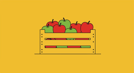 Wooden crate filled with red and green apples on a yellow background