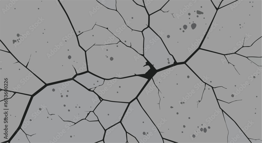 Poster cracked grayscale surface with splatters and intricate fracture lines spreading