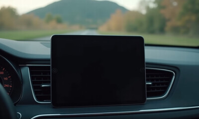 Tablet display mounted on car dashboard with scenic road view